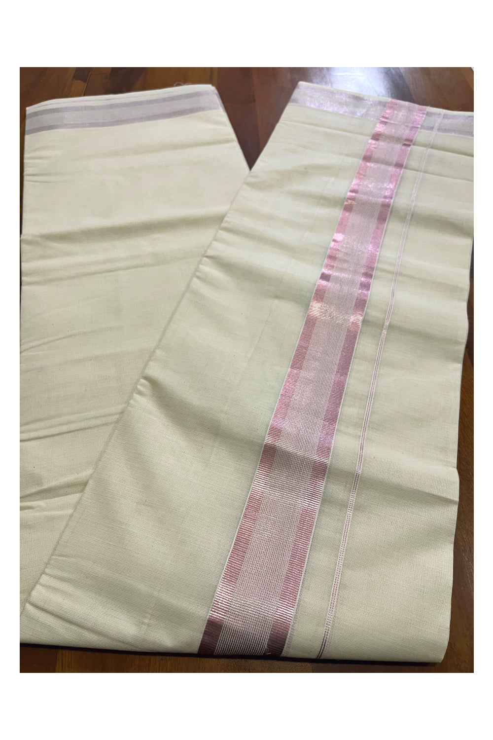 Pure Cotton Kerala Double Mundu with Rose Copper Kasavu Border (South Indian Kerala Dhoti)