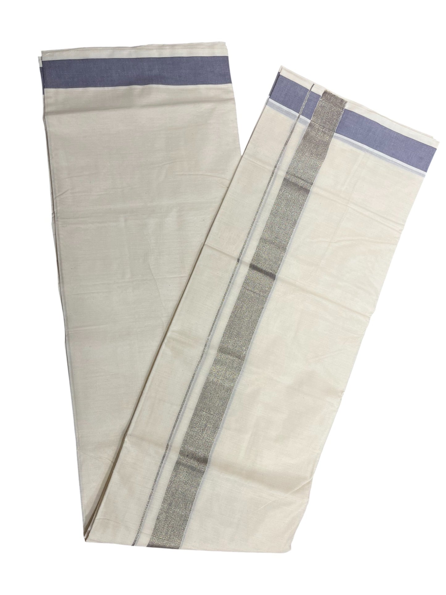 Southloom Kerala Pure Cotton Double Mundu with Grey Lines & Blue Border (South Indian Dhoti)