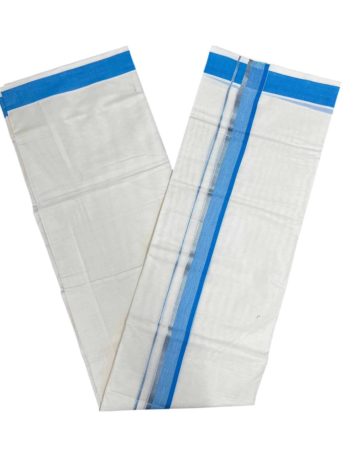 Southloom Pure Cotton Mundu with Silver Lines and Blue Border (South Indian Kerala Dhoti)