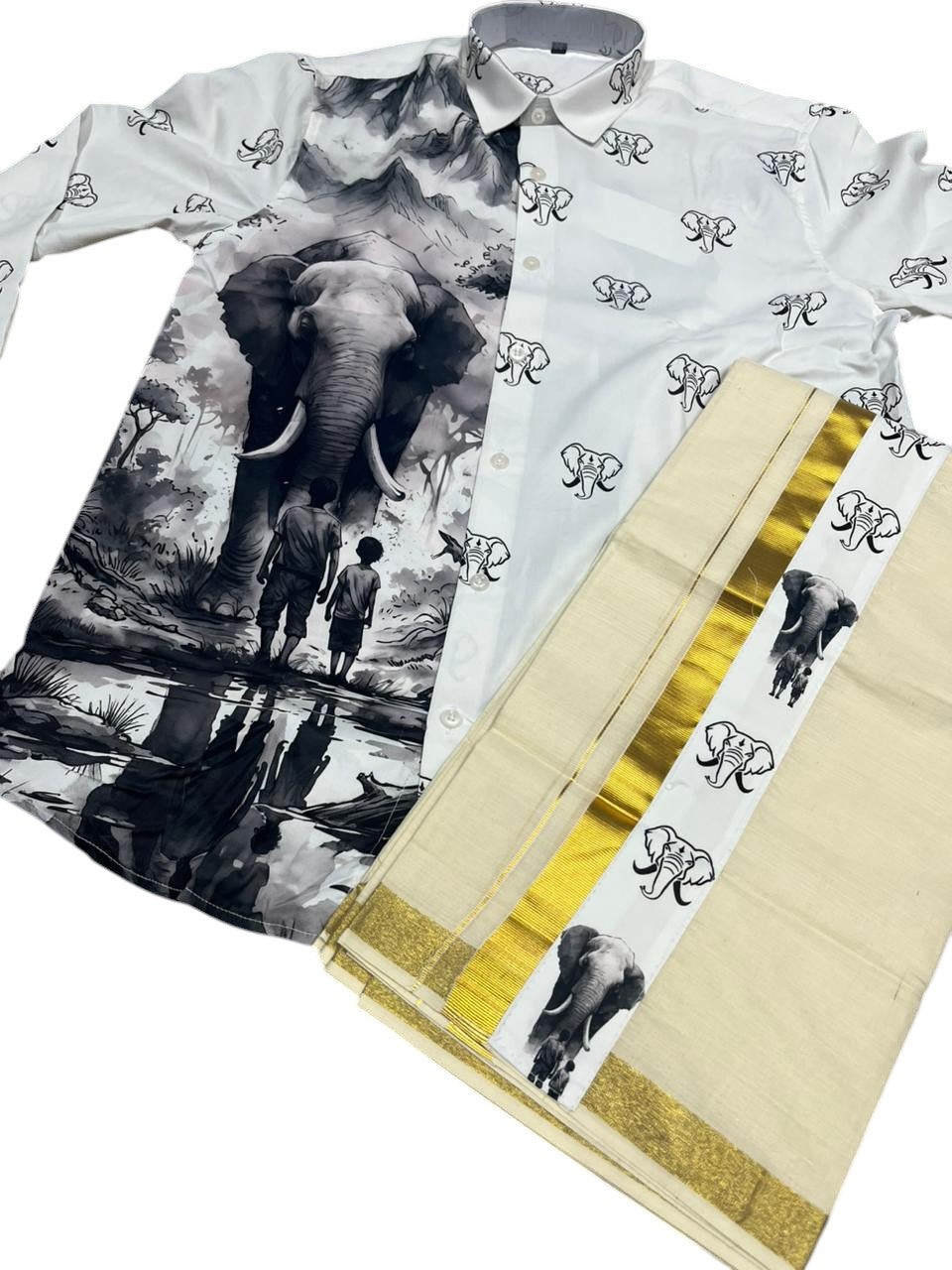 Southloom Premium Satin Elephant Digital Print Design Men's Combo  (Shirt + Mundu) SL576