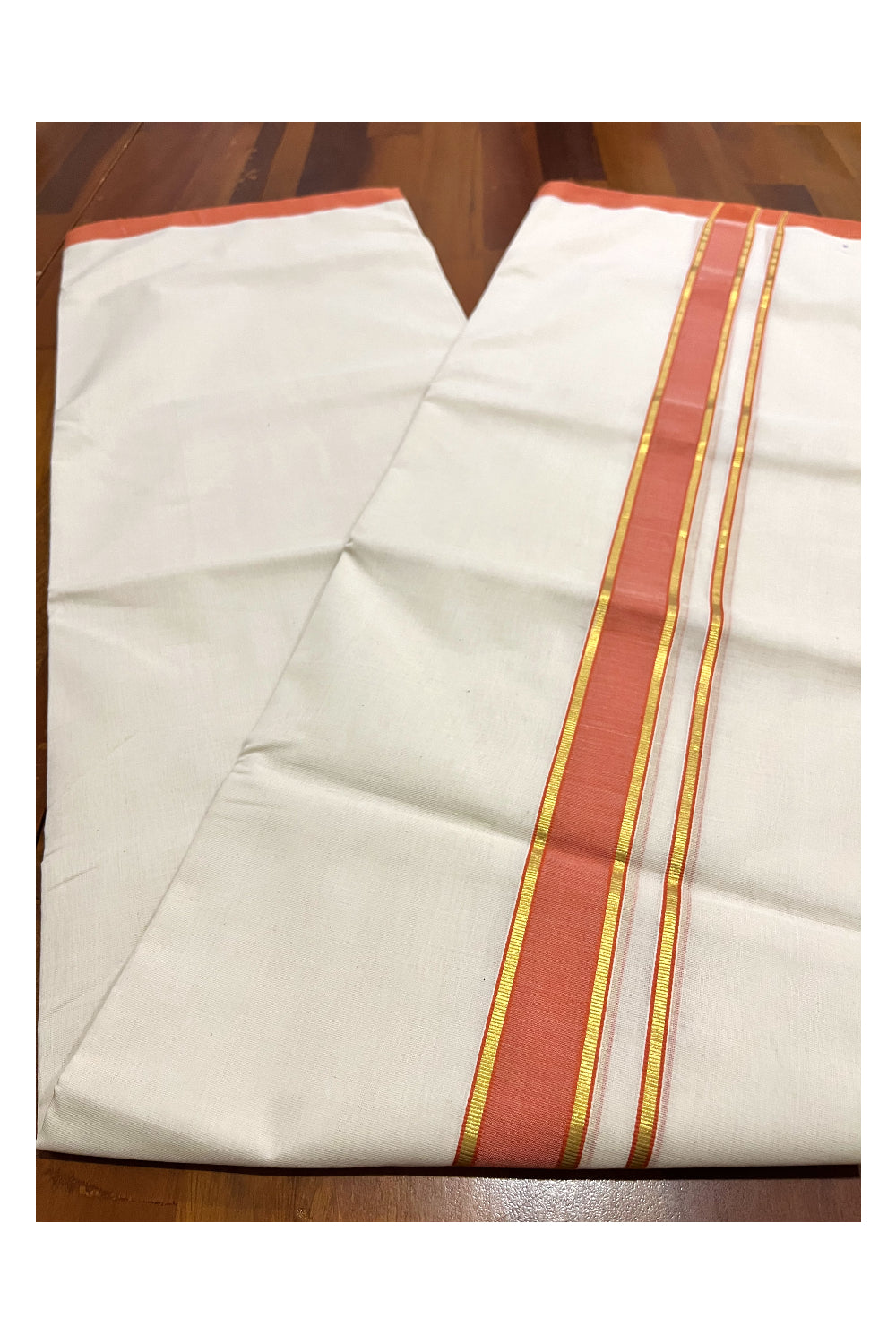 Southloom Premium Balaramapuram Unakkupaavu Handloom Kasavu Mundu with Orange Border (South Indian Kerala Dhoti)