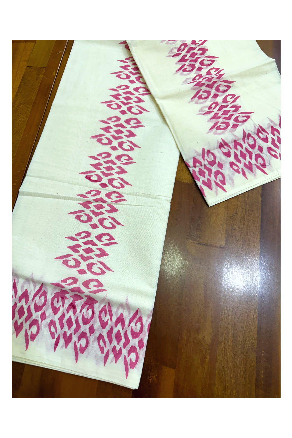 Pure Cotton Kerala Set Mundu with Pink Block Printed Border (Vishu 2024 Collection)