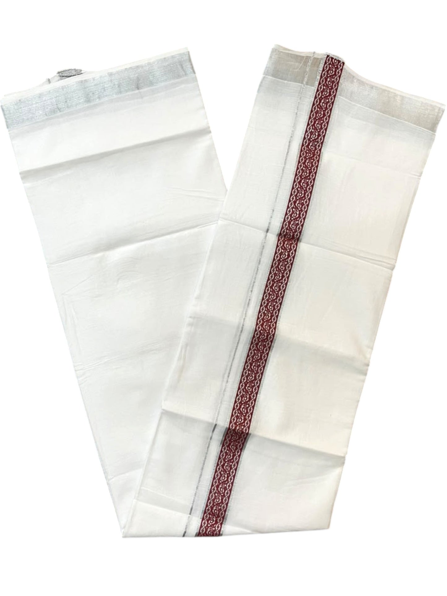 Southloom Pure White Cotton Mundu with Brick Red and Silver Kasavu Border (South Indian Kerala Dhoti)