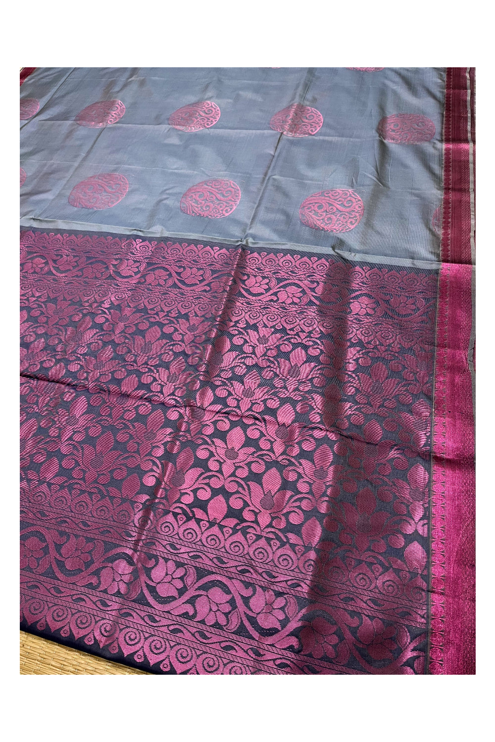 Southloom Soft Silk Gray Designer Woven Saree with Heavy Work on Pallu