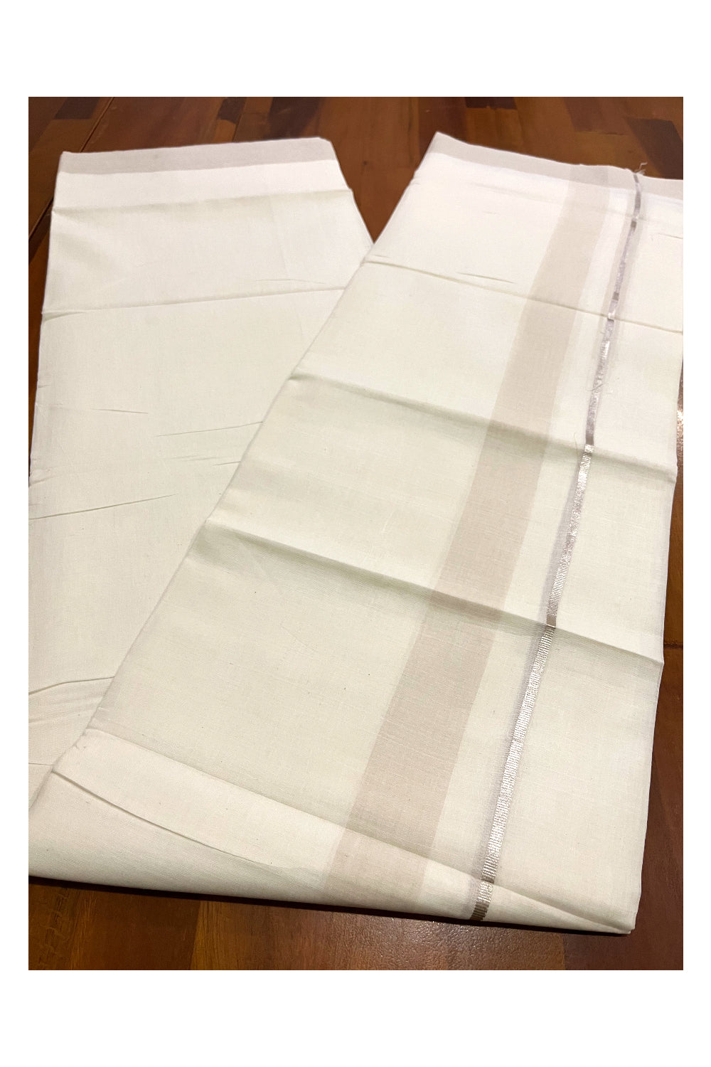 Pure Cotton Kerala Double Mundu with Beige and Kasavu Line Chutti Border (South Indian Kerala Dhoti)