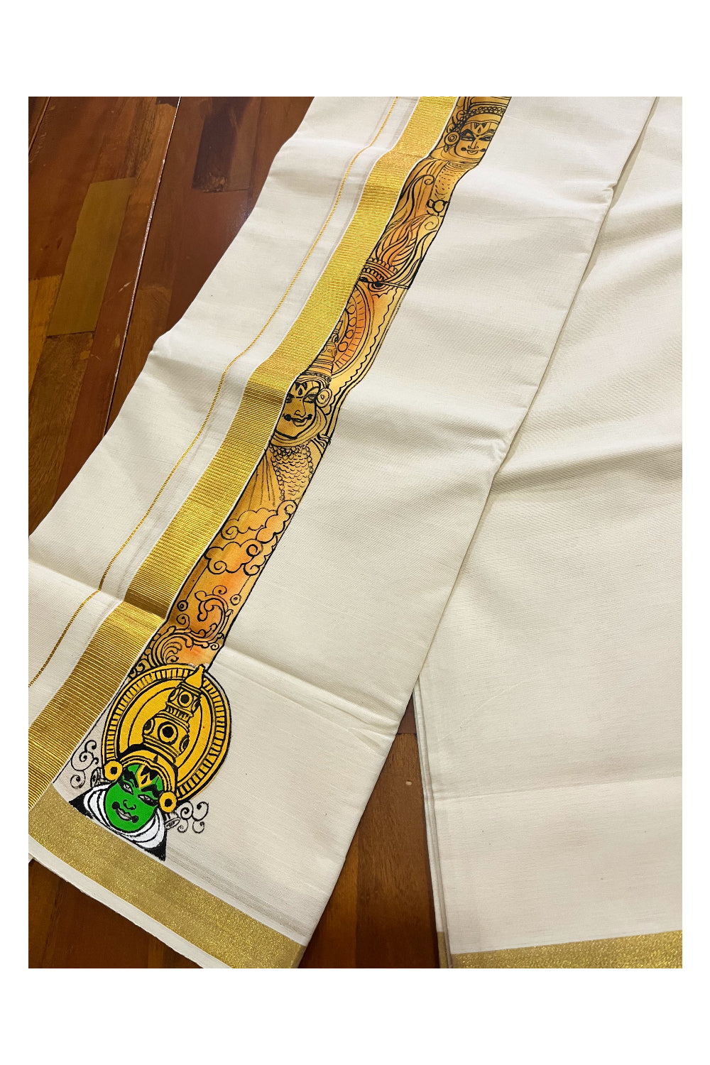 Pure Cotton Kerala Double Mundu with Kathakali Hand Painted Designs on Kasavu Border (Vishu Collection 2024)