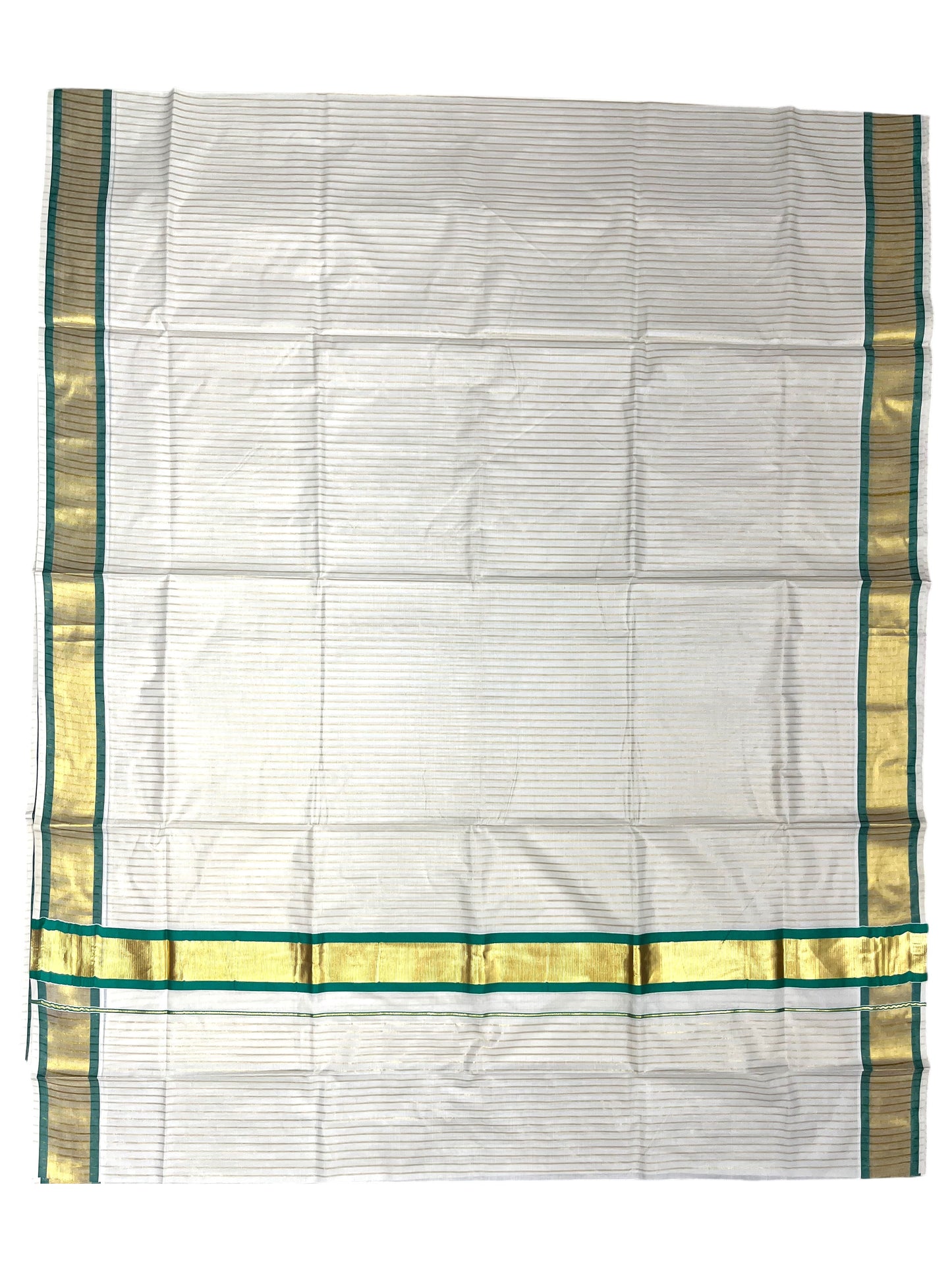 Southloom Pure Cotton Kerala Saree with Gold Kasavu Lines Across Body and Green Border