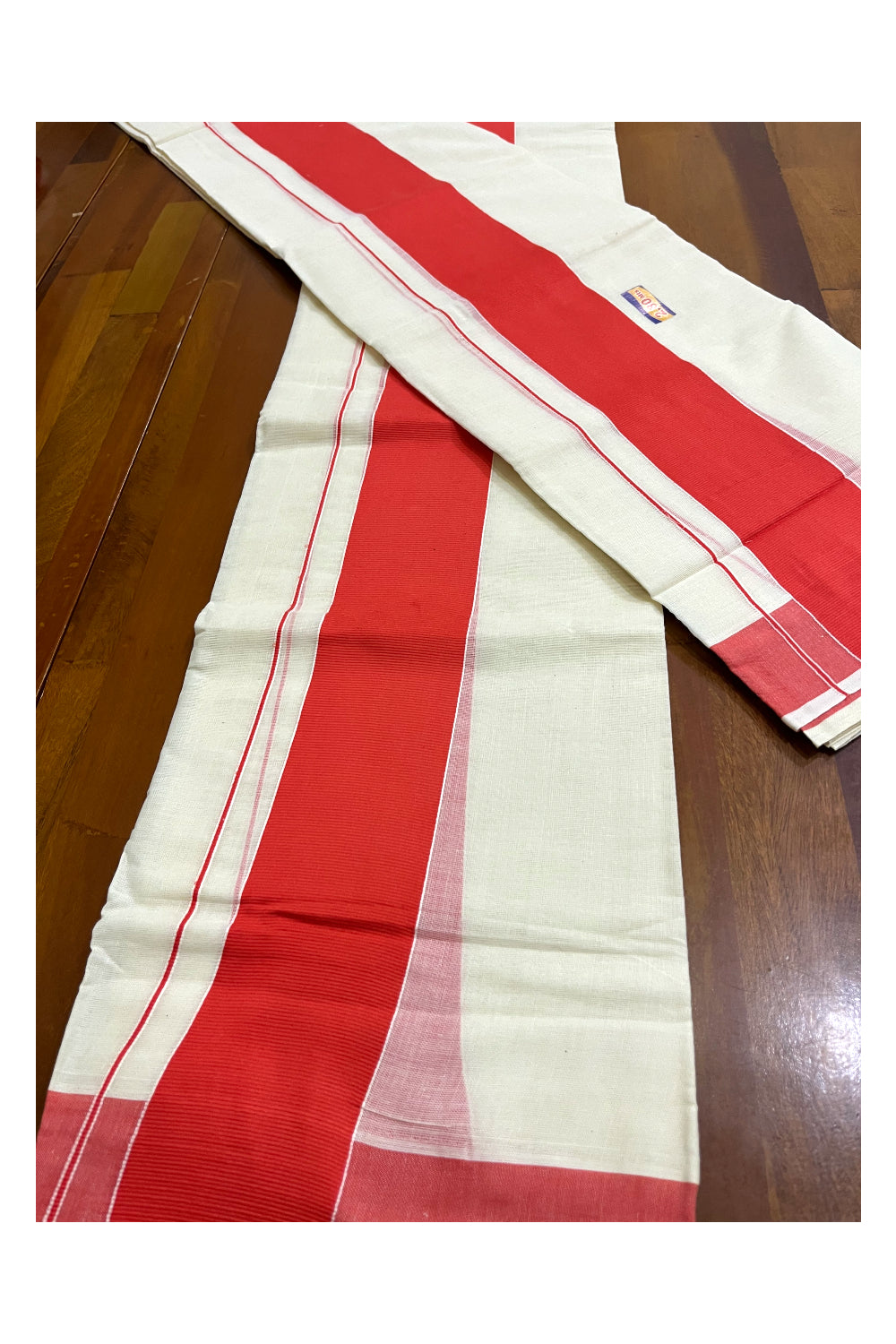 Kerala Cotton Mundum Neriyathum Single (Set Mundu) with Orange Border 2.80 Mtrs