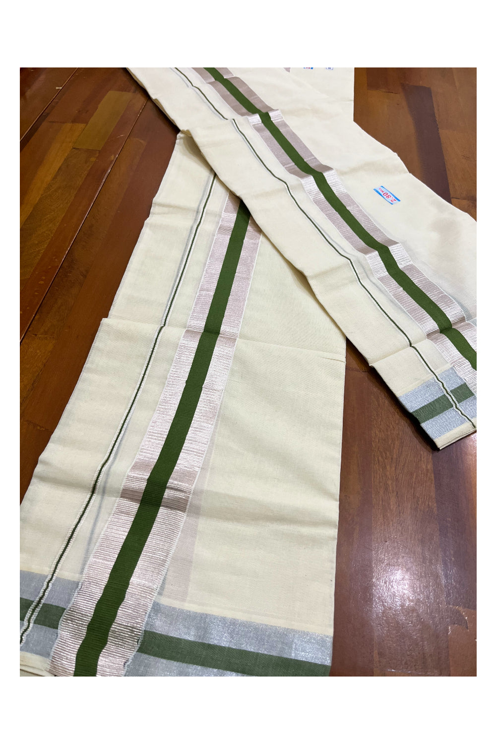 Kerala Cotton Mundum Neriyathum Single (Set Mundu) with Olive Green and Silver Kasavu Border 2.80 Mtrs