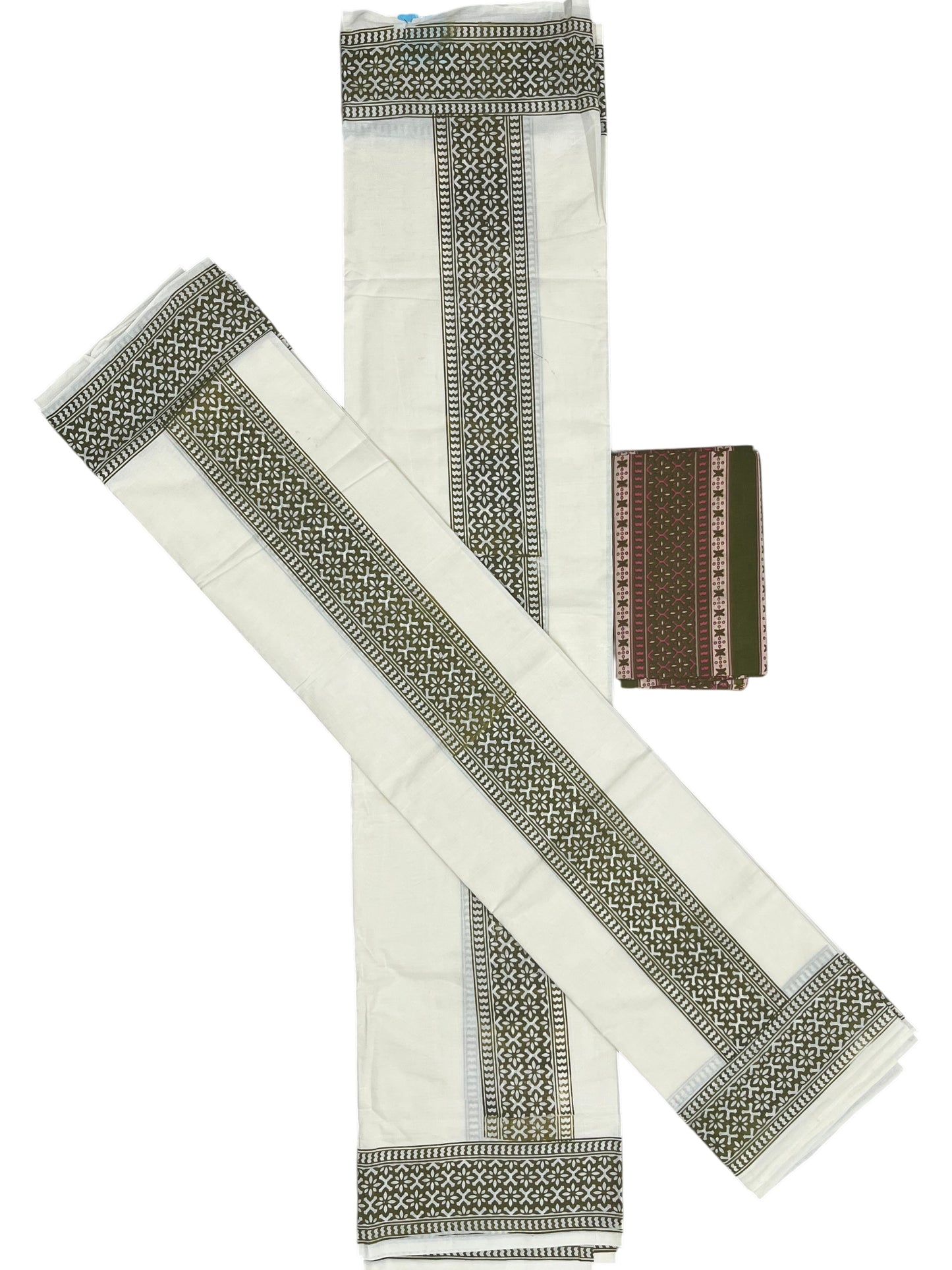 Southloom Olive Green Block Printed Set Mundu with Blouse Piece 2.80Mtrs