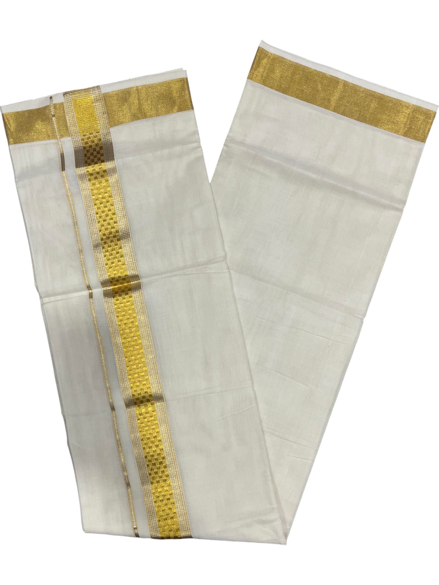 Southloom Premium Handloom Cotton Double Mundu with Gold Paaya Neythu And Silver Gold  Lines Kasavu Border
