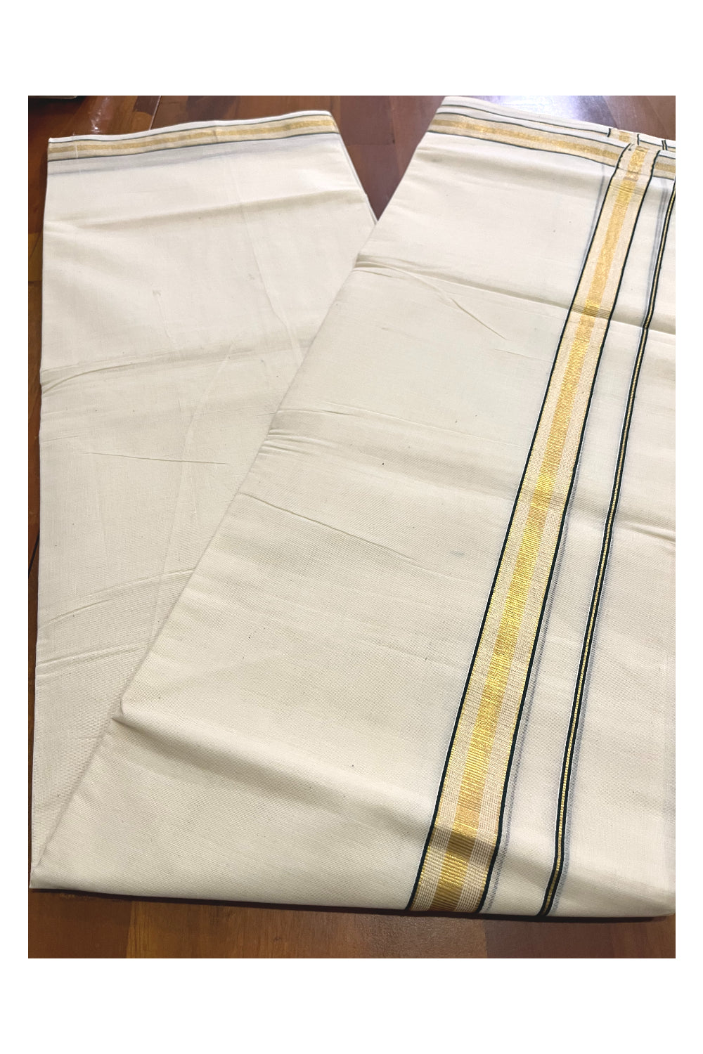 Kerala Pure Cotton Double Mundu with Dark Green and Kasavu Lines Border