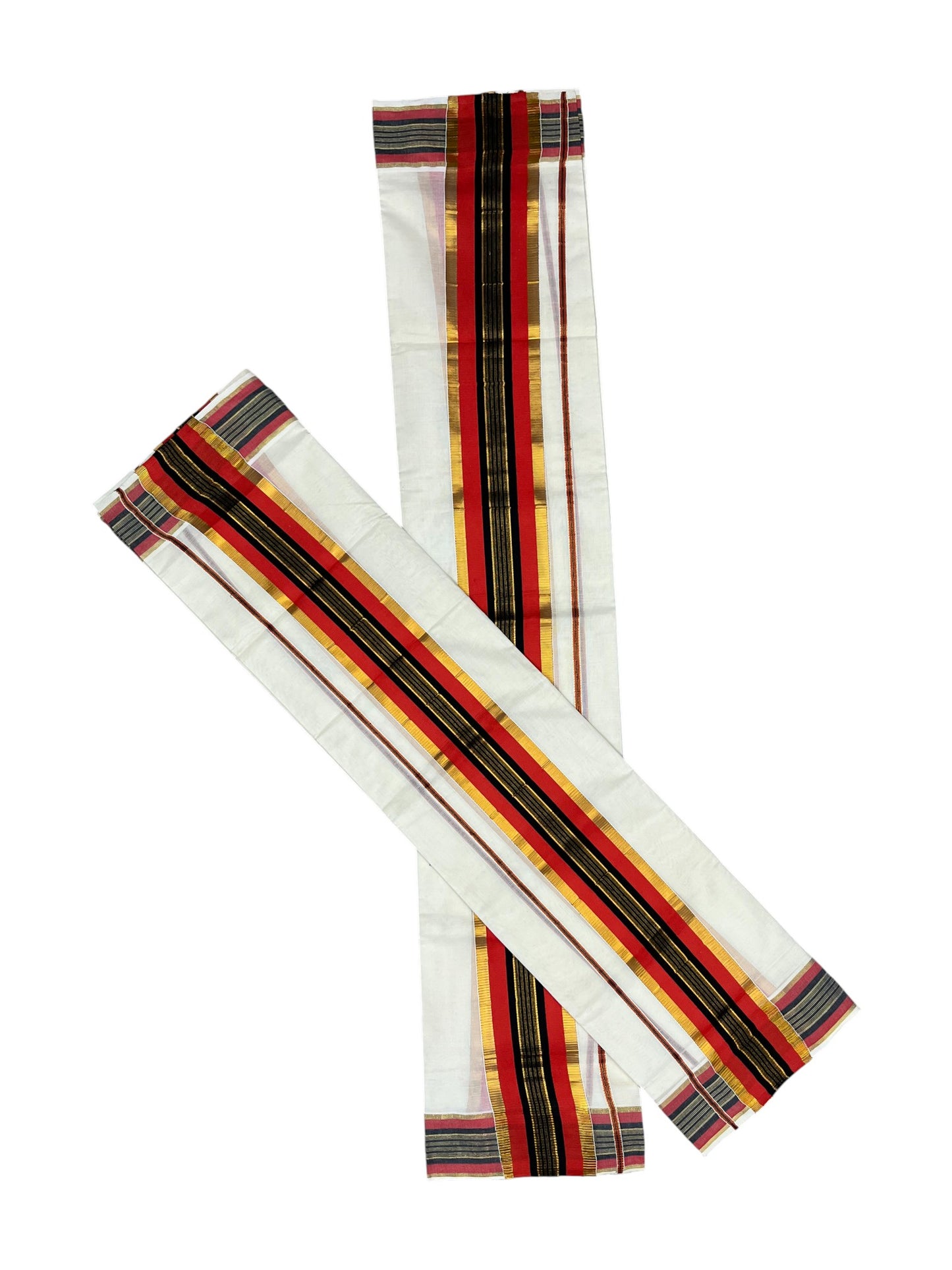 Kerala Cotton Kasavu Set Mundu (Mundum Neriyathum) with Orange and Black Border 2.80 Mtrs