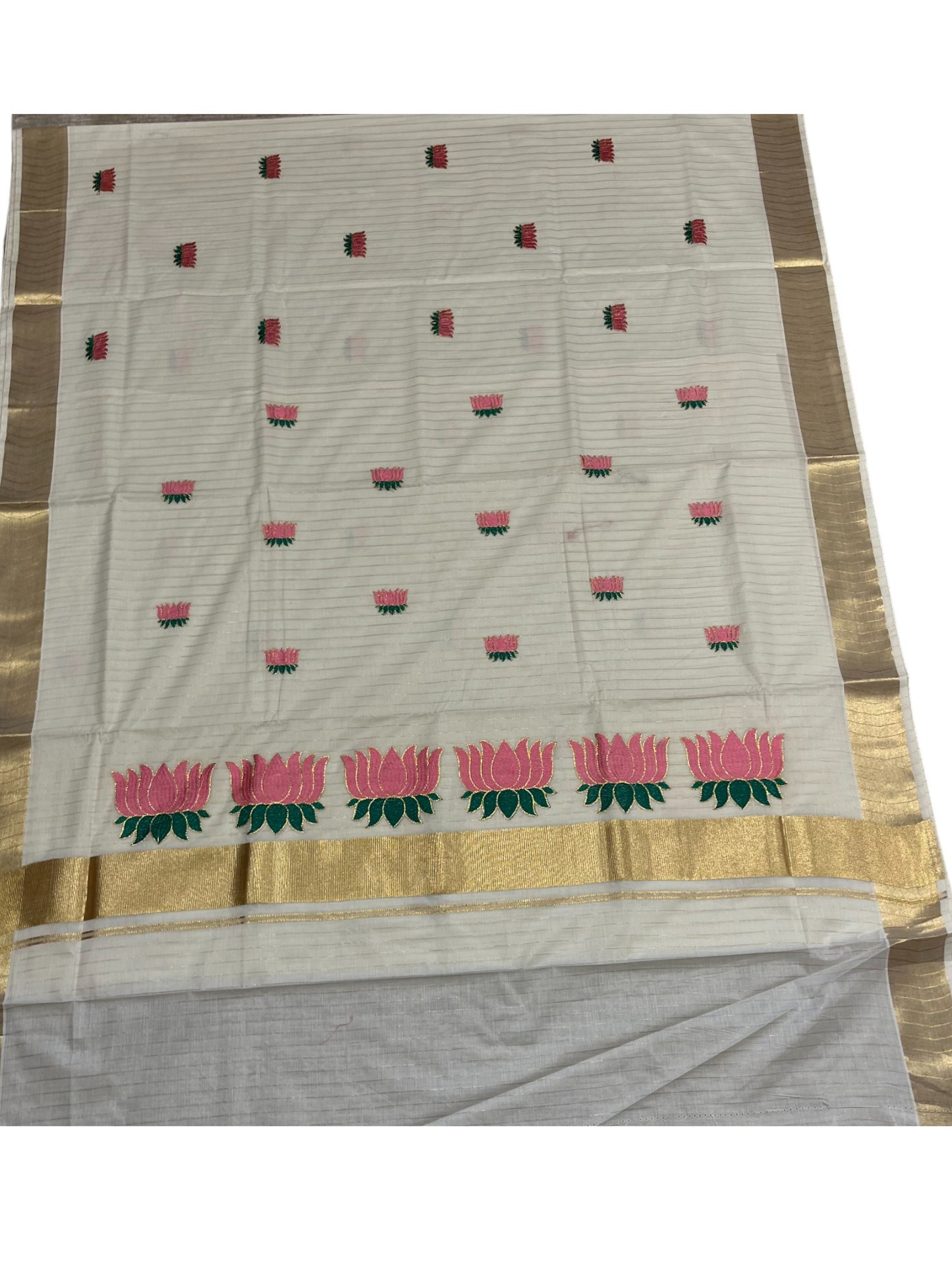 Southloom Kerala Cotton Kasavu Line Saree with Pink Lotus Embroidery Works