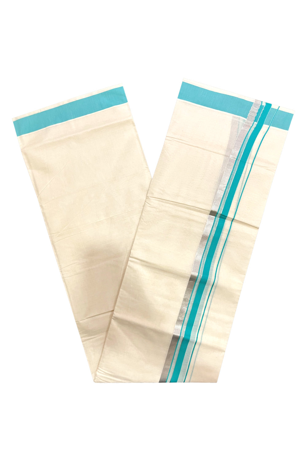 Pure Cotton Kerala Double Mundu with Turquoise and Silver Kasavu Kara (South Indian Kerala Dhoti)