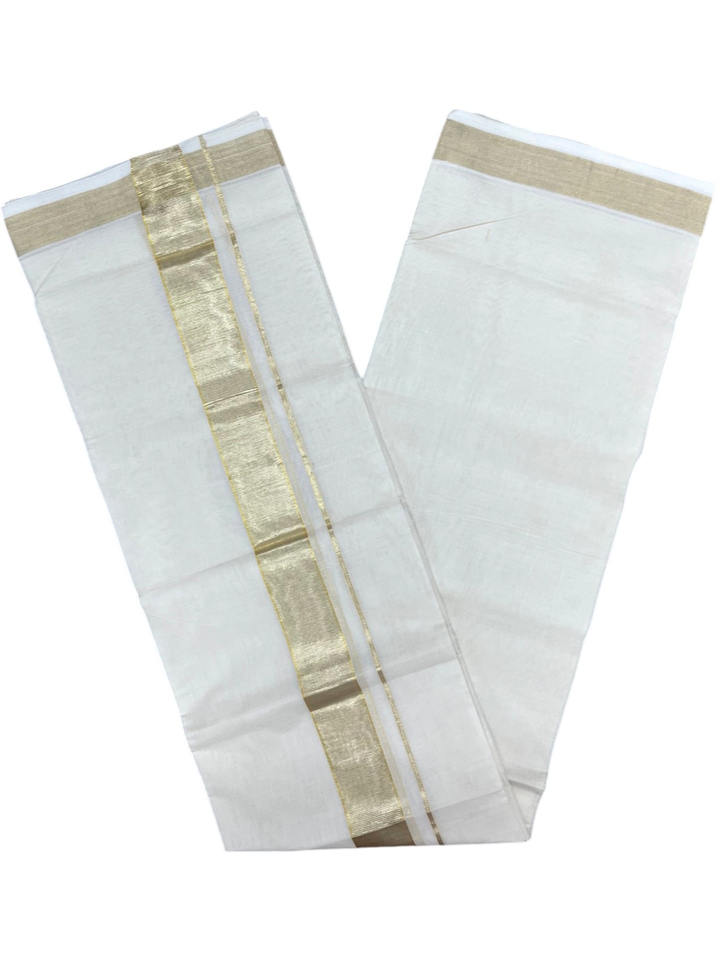 Southloom Balaramapuram Unakkupaavu Premium Handloom Cotton Double Mundu with Gold Kasavu Silver Border