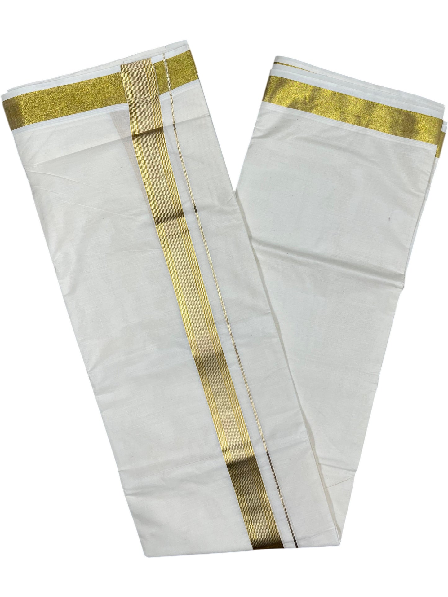 Southloom Kerala Pure Cotton Double Mundu with Gold Kasavu And Silver Line Border (South Indian Dhoti)
