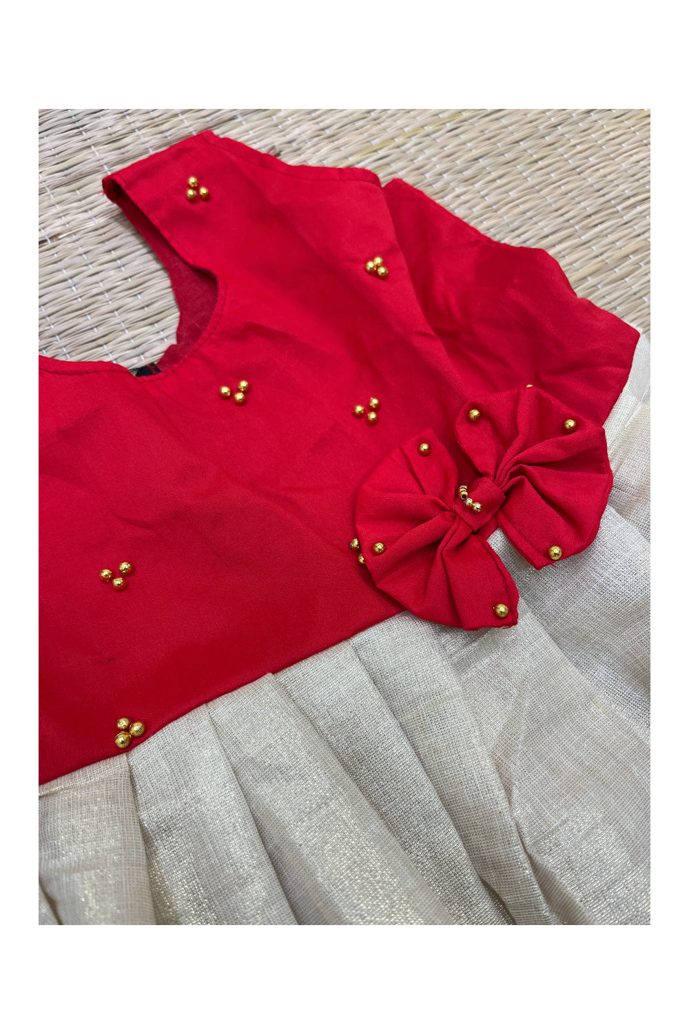 Southloom Kerala Tissue Frock with Red Bead Work Designs for Kids (2 Years)