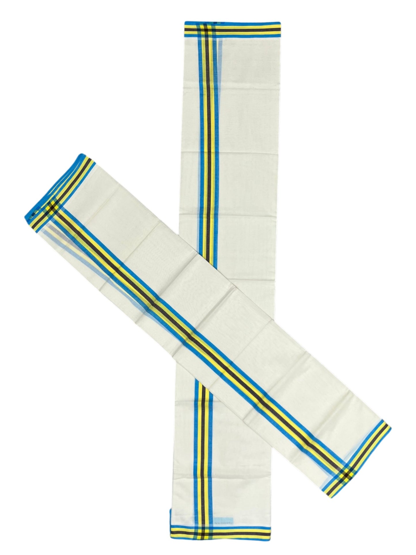 Southloom Pure Cotton Kerala Single Mulloth Set Mundu (Mundum Neriyathum) Blue & Yellow Border in 2.50 mtrs SL243