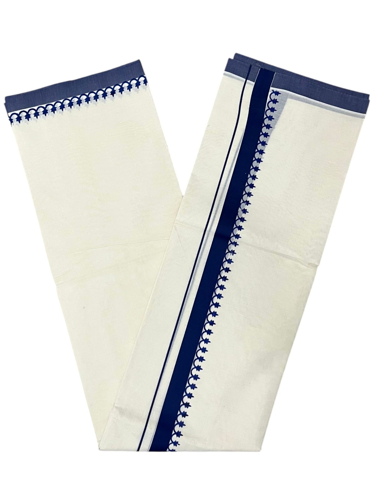 Southloom Kerala Cotton Blue Kara Printed Double Mundu (South Indian Kerala Dhoti) SL567