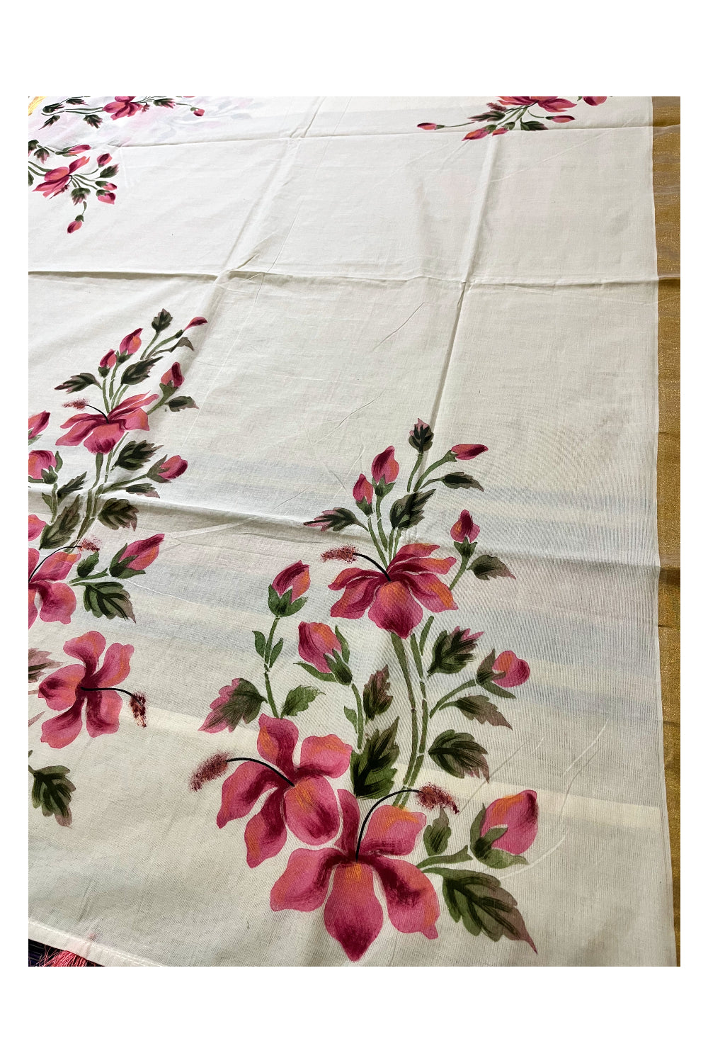 Kerala Cotton Kasavu Saree with Floral Painted Designs