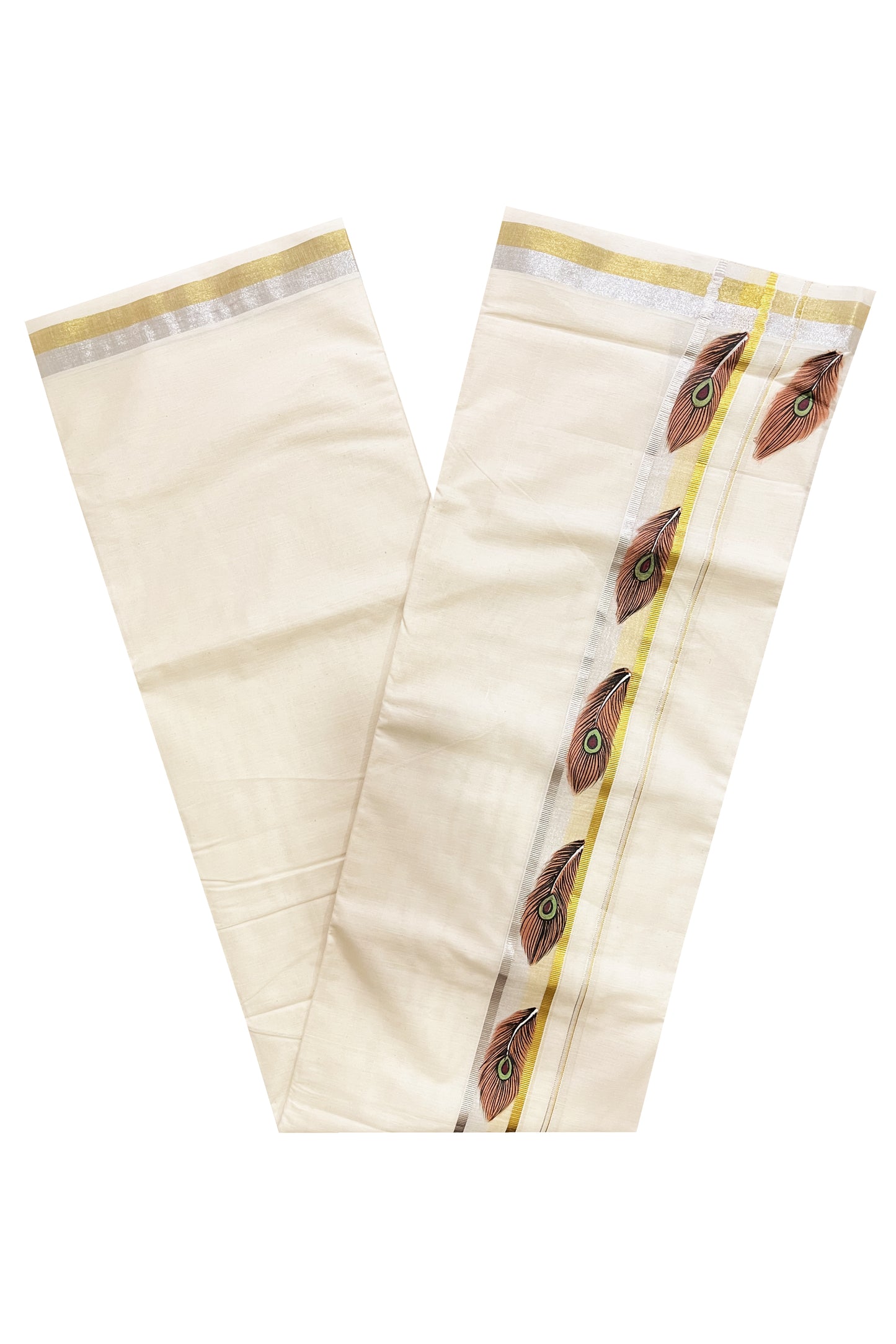 Off White Kerala Cotton Double Mundu with Feather Hand Painted Designs on Silver and Golden Kasavu Border (Vishu 2024 Collection)