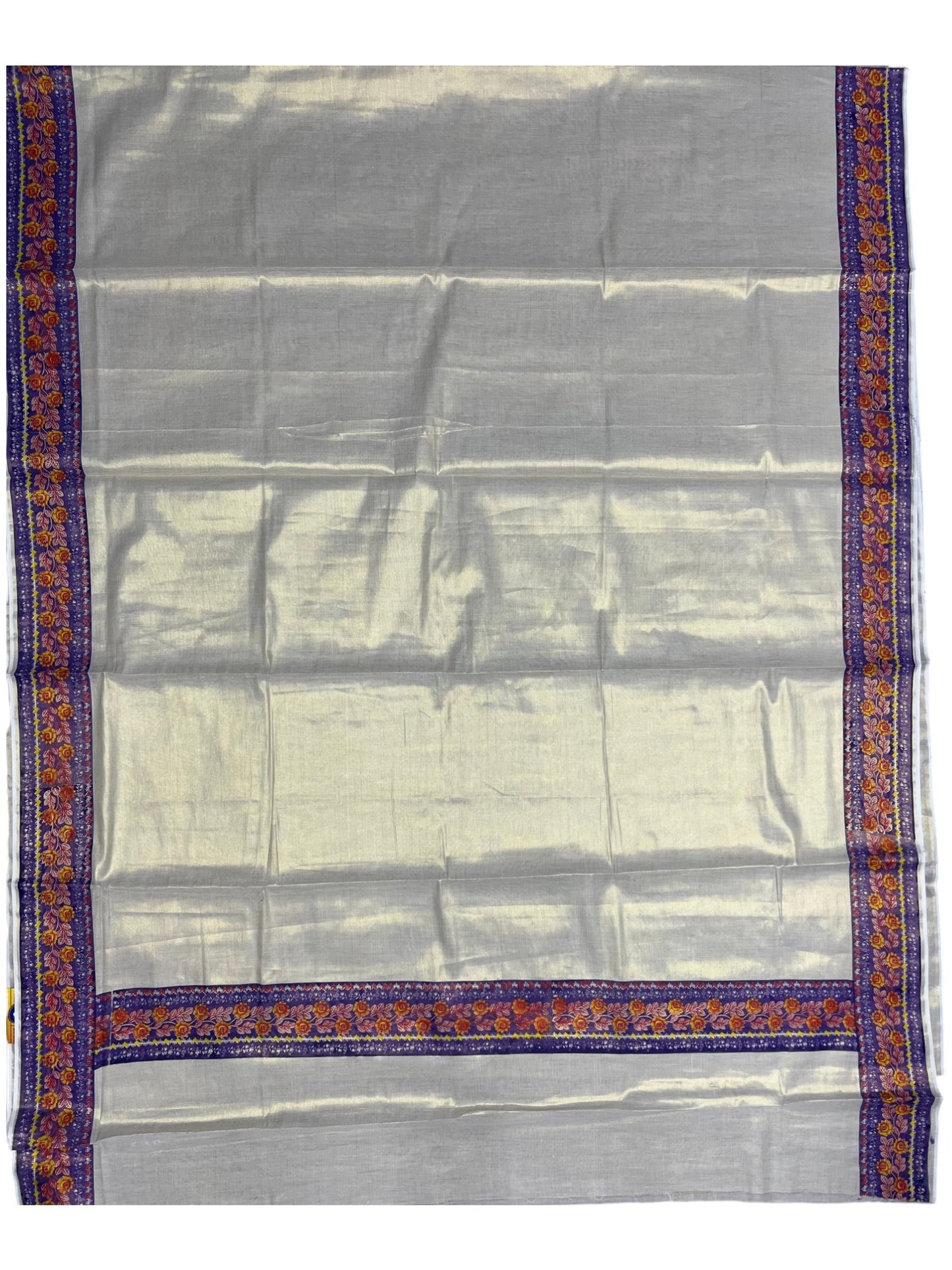 Southloom Kerala Tissue Plain Saree With Floral Digital Prints on Borders