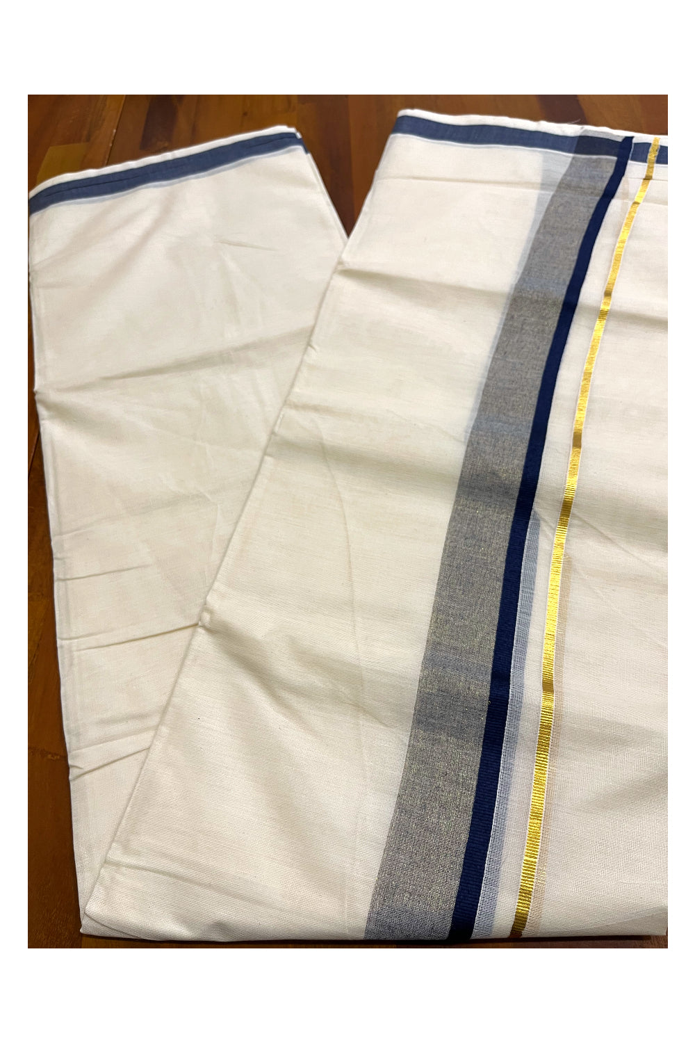 Kerala Pure Cotton Double Mundu with Dark Blue and Kasavu Border (South Indian Kerala Dhoti)