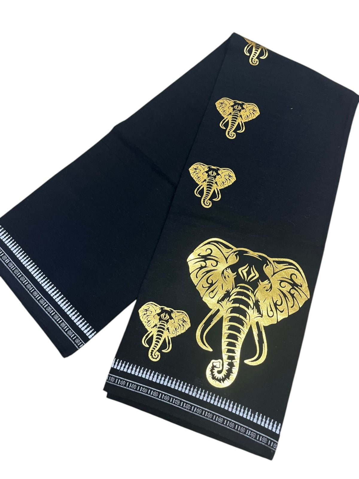 Southloom Black Printed Single Mundu / Otta Mundu / Lungi (South Indian Kerala Dhoti) with Elephant Print