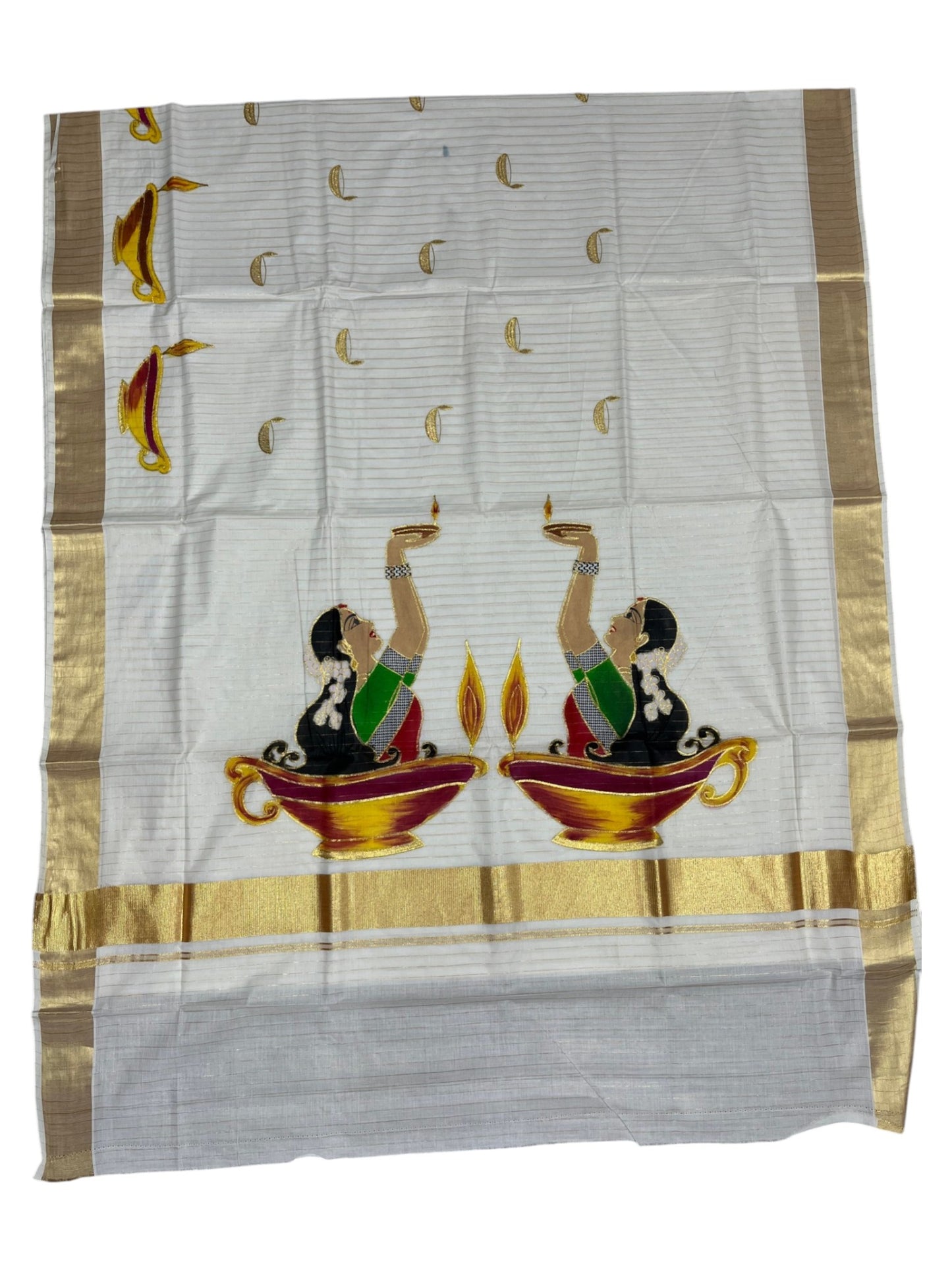 Southloom Kerala Cotton Kasavu Line Saree with Hand Painted & Embroidery Design