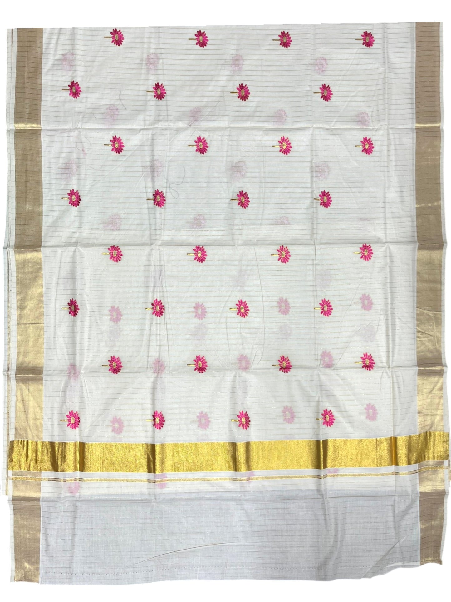 Southloom Cotton Kerala Kasavu Lines Saree with Floral Embroidery Design in Pink