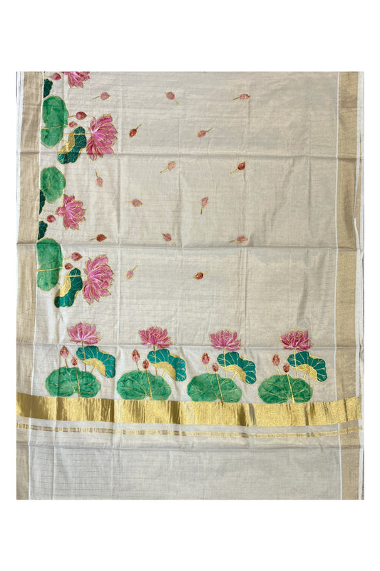 Southloom Tissue Kerala Kasavu Saree with Hand Painted Embroidery Lotus Design