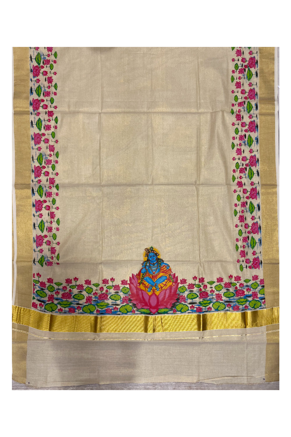 Southloom Tissue Kerala Kasavu Saree with Lotus Handpainted Design