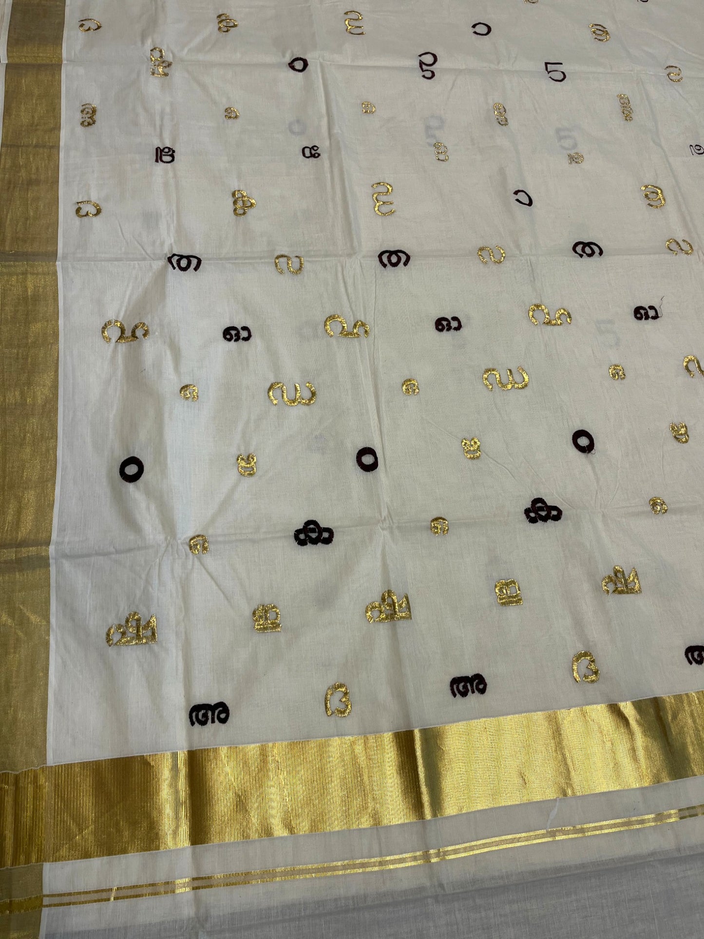 Southloom Kerala Cotton Kasavu Saree with Gold and Brown Malayalam Aksharamala Embroidery Work on Body