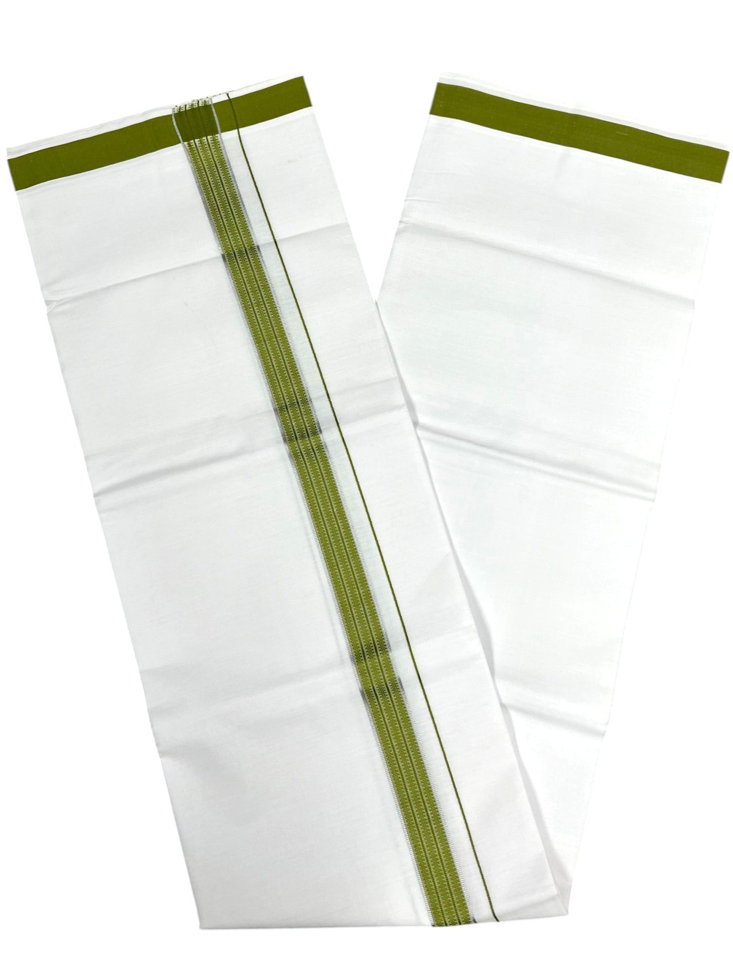 Southloom Pure White Cotton Single Mundu with Silver Line & Olive Green Border (South Indian Kerala Dhoti)
