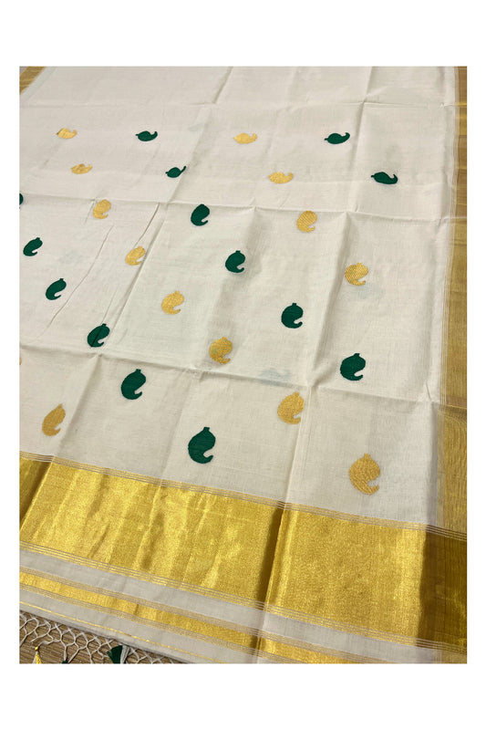 Southloom Super Premium Balaramapuram Unakkupaavu Handloom Kasavu Saree with and Green and Golden Paisley Woven Designs on Border