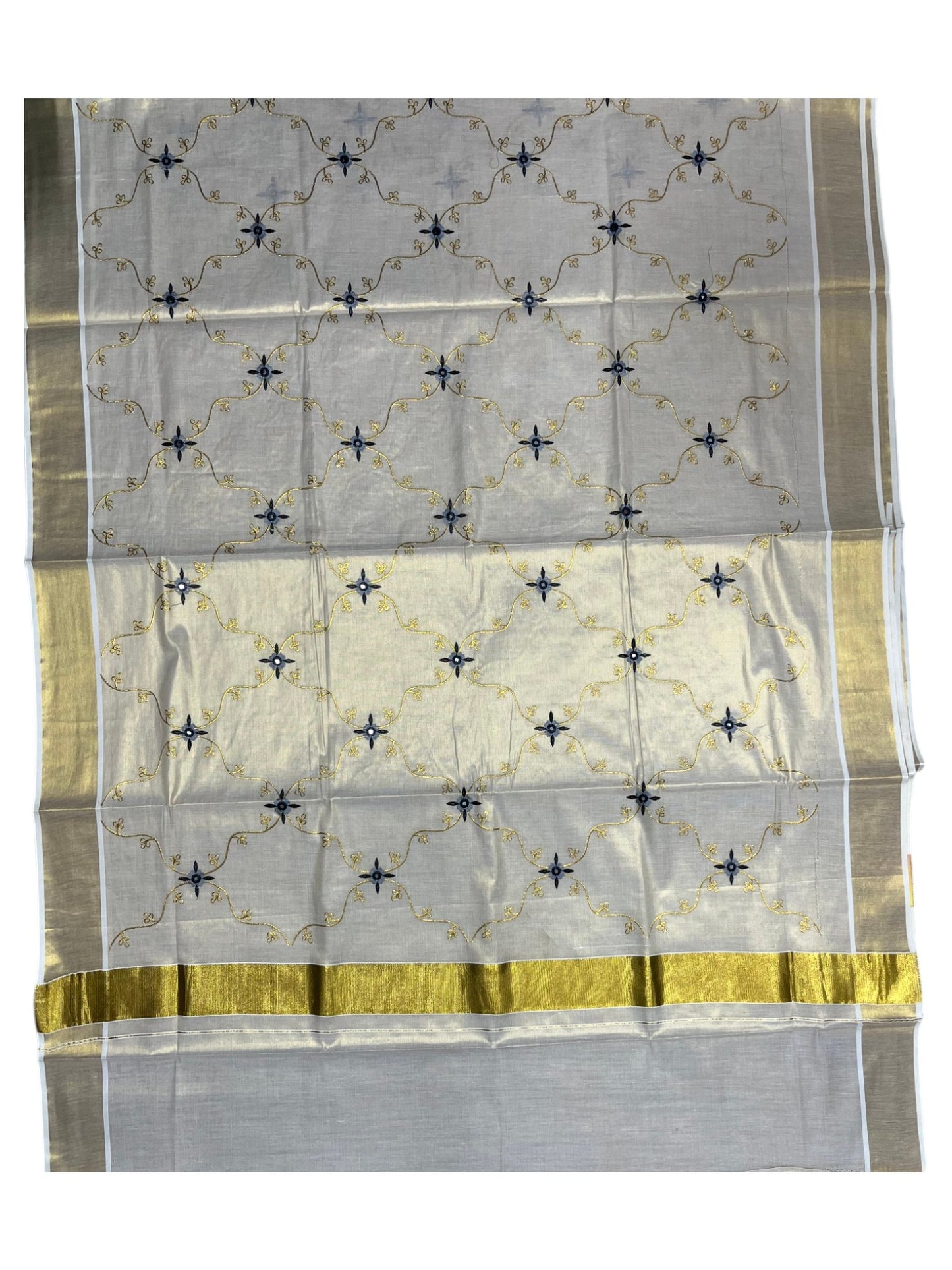 Southloom Tissue Kerala Kasavu Plain Saree with  Embroidery Designs on Body