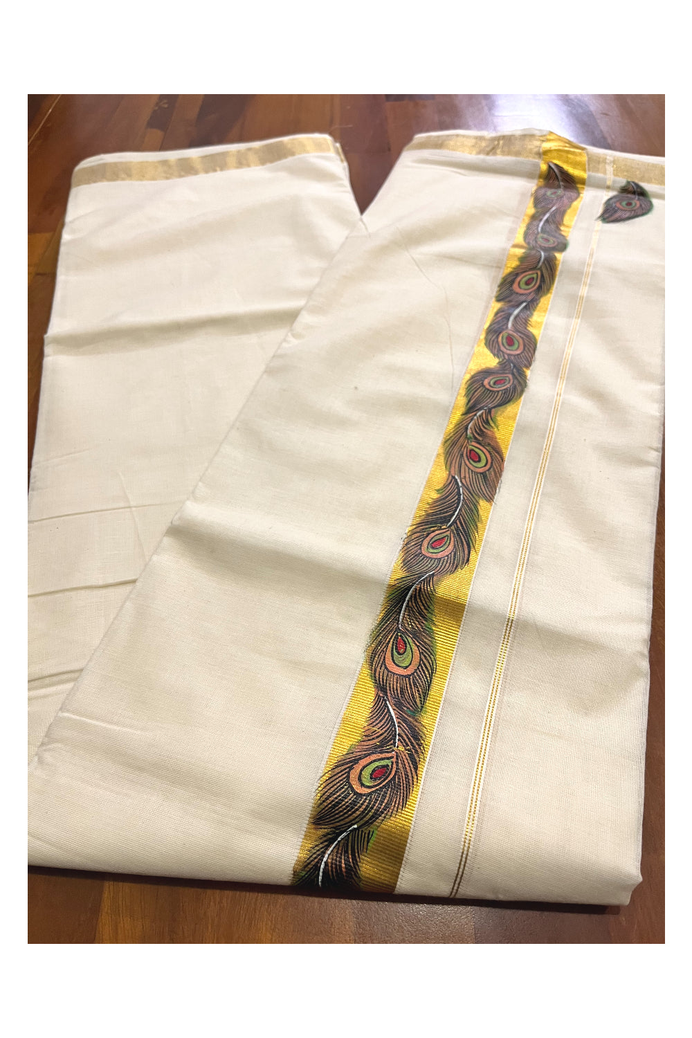 Off White Kerala Cotton Double Mundu with Mural Hand Painted Designs on Kasavu Border (South Indian Kerala Dhoti)