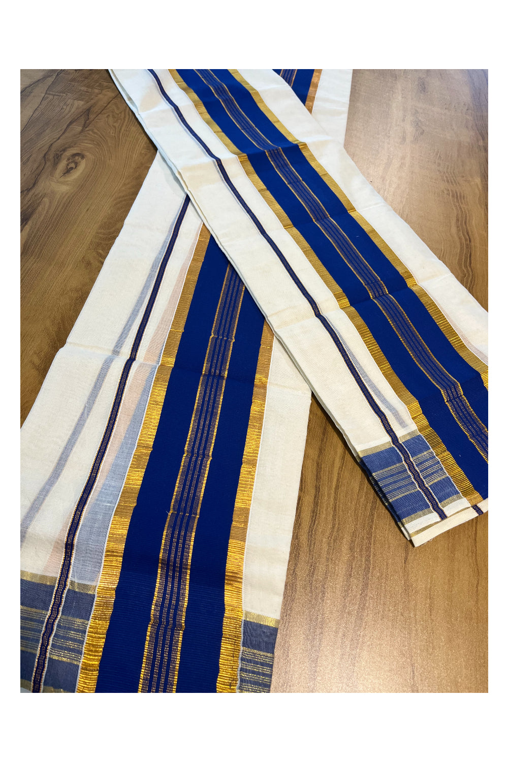 Kerala Cotton Set Mundu (Mundum Neriyathum) with Kasavu and Blue Border