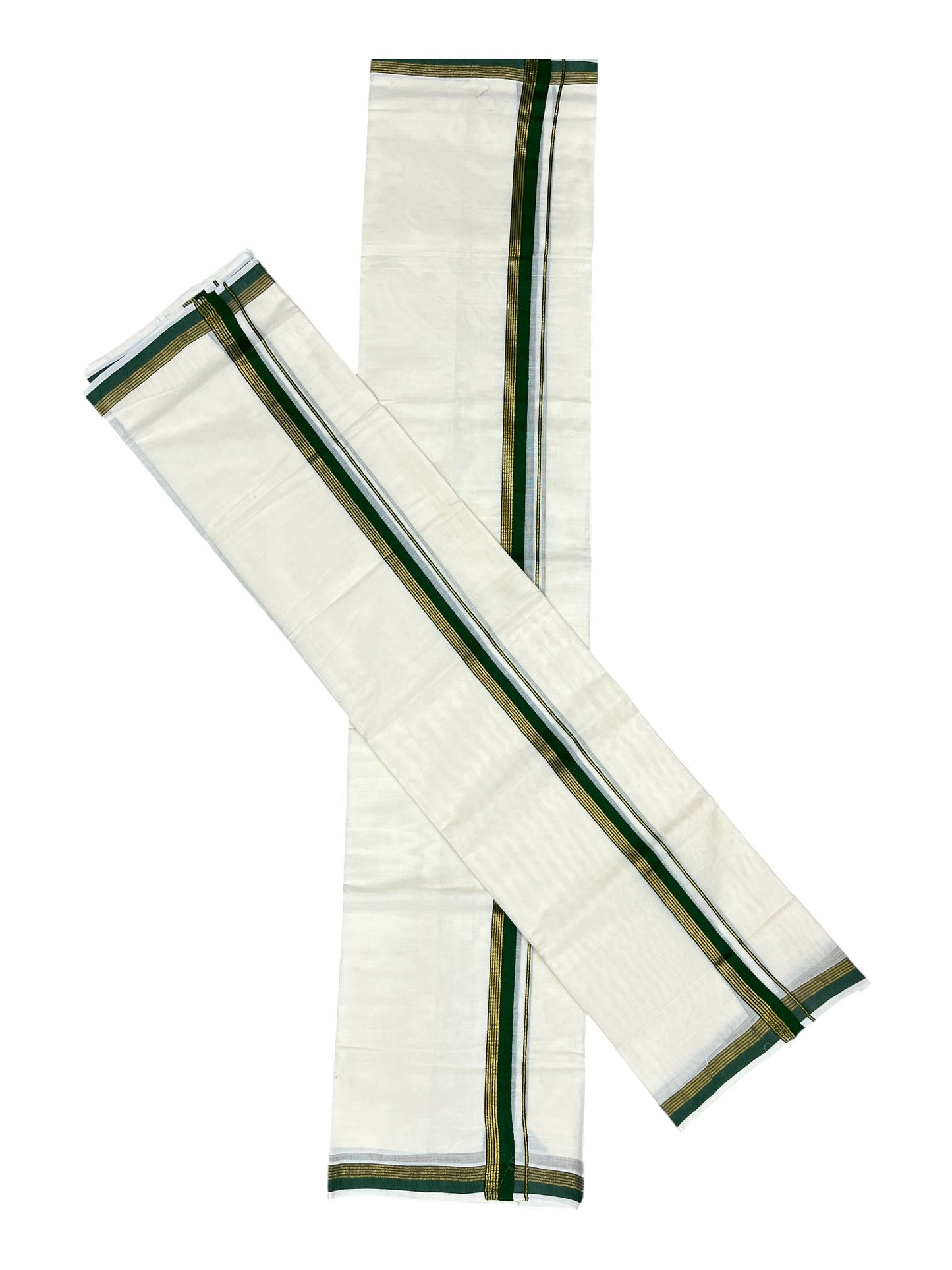 Pure Cotton Kerala Single Set Mundu (Mundum Neriyathum) with Green Kasavu Border in 2.80 Mtrs