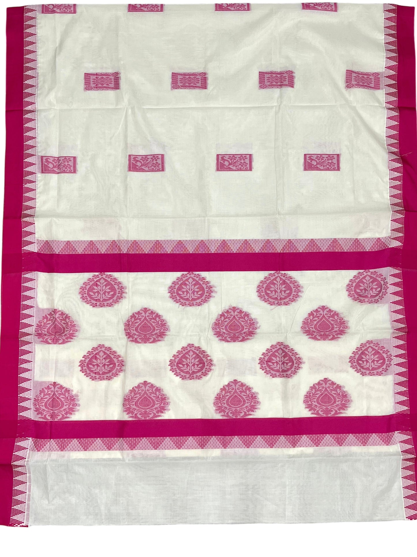 Southloom Pure Cotton Kerala Saree with Magenta Heavy Woven Designs and Temple Border