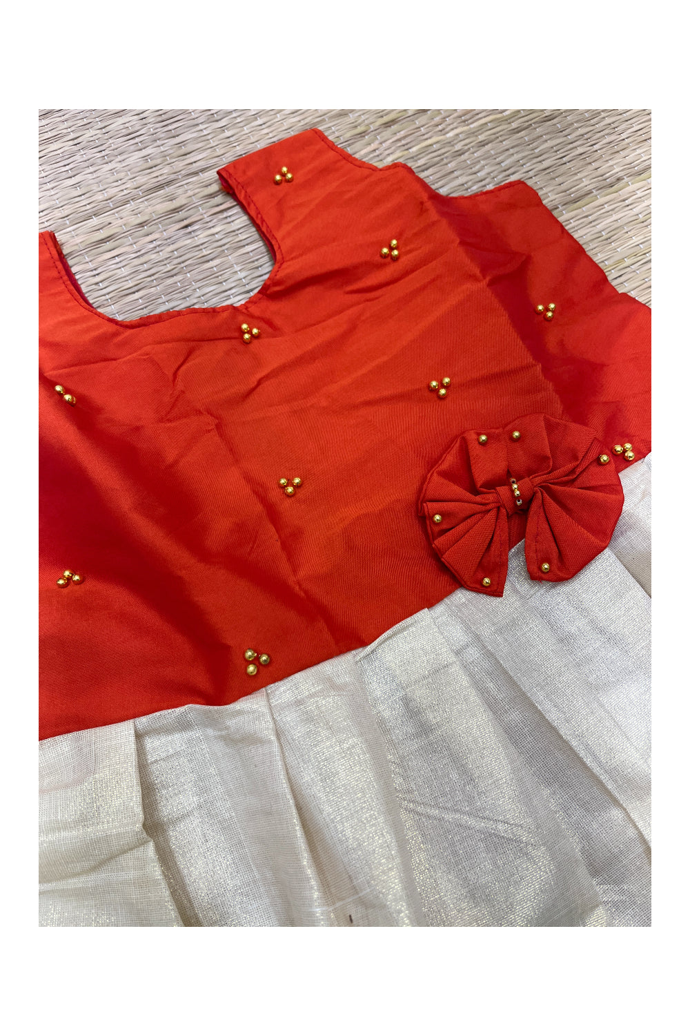 Southloom Kerala Tissue Frock with Red Bead Work Designs for Kids (5 Years)