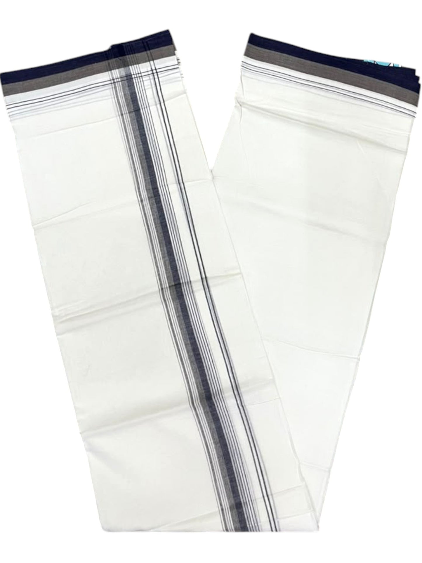 Southloom Pure Cotton Mundu with Blue & Grey Border (South Indian Kerala Dhoti)