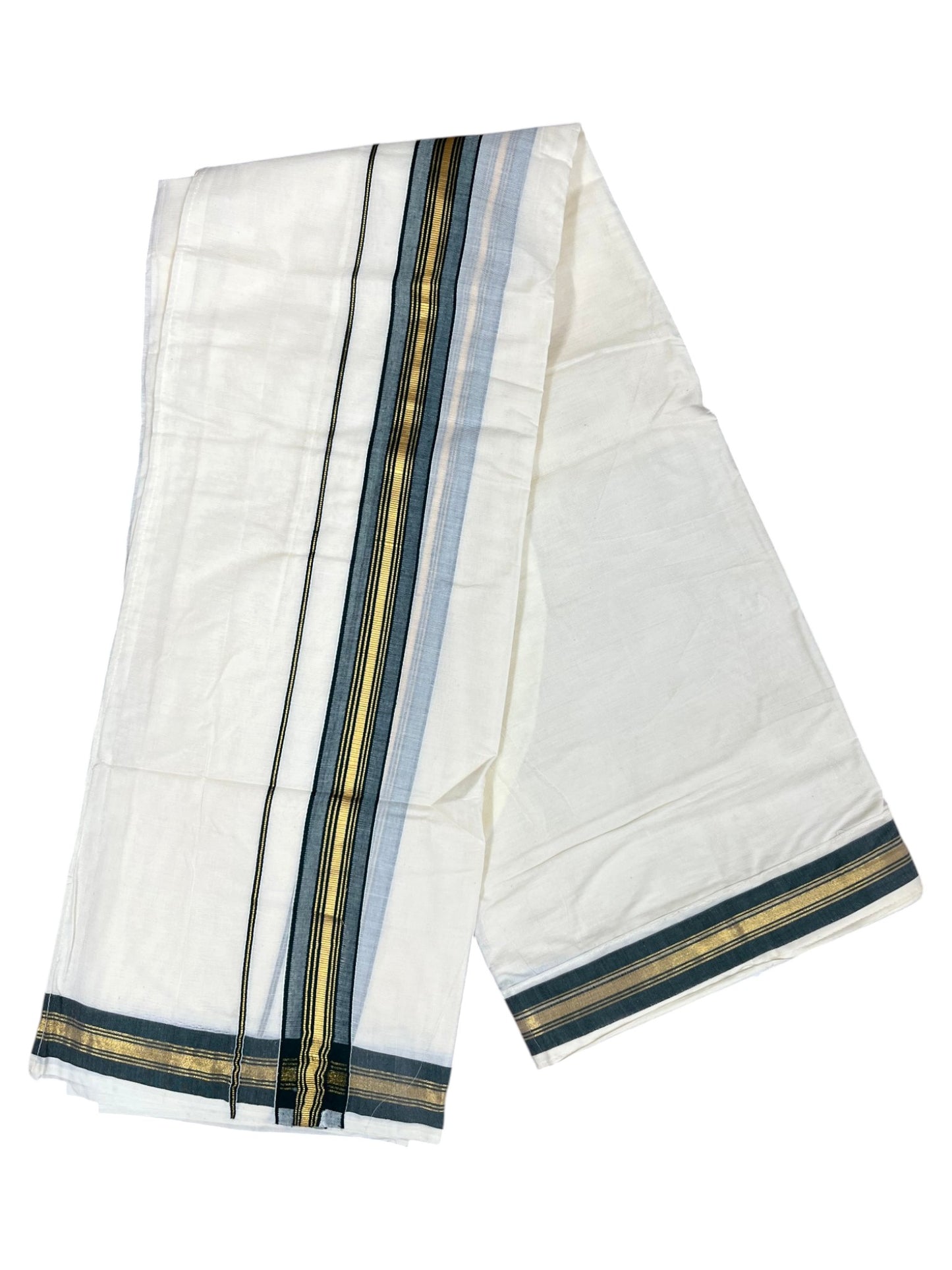 Southloom Kerala Cotton Velcro Mundu with Gold Lines and Green Border (South Indian Kerala Dhoti) in 4 mtrs