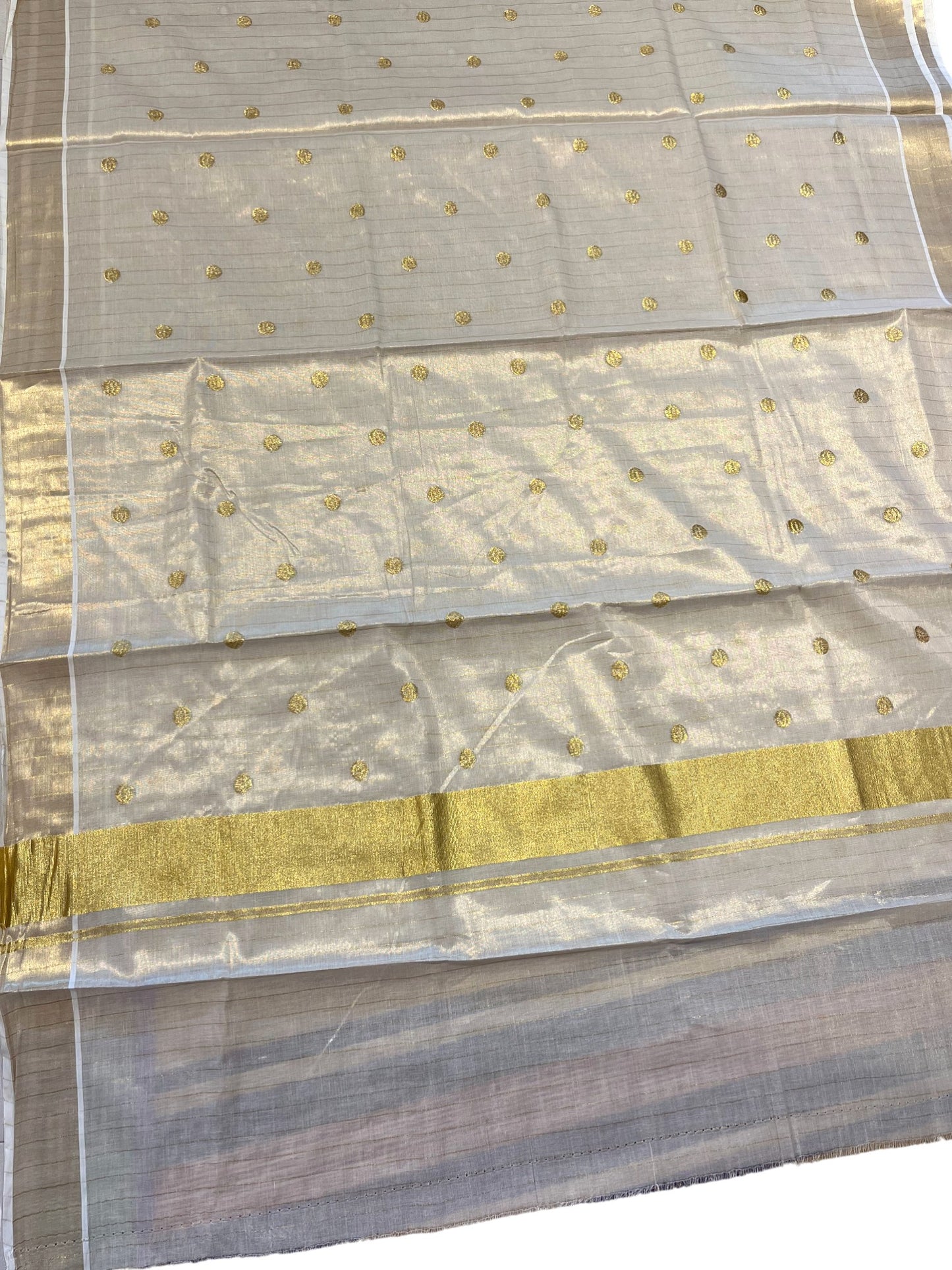 Southloom Kerala Tissue Kasavu Stripes Saree with Polka Embroidery Works Across Body
