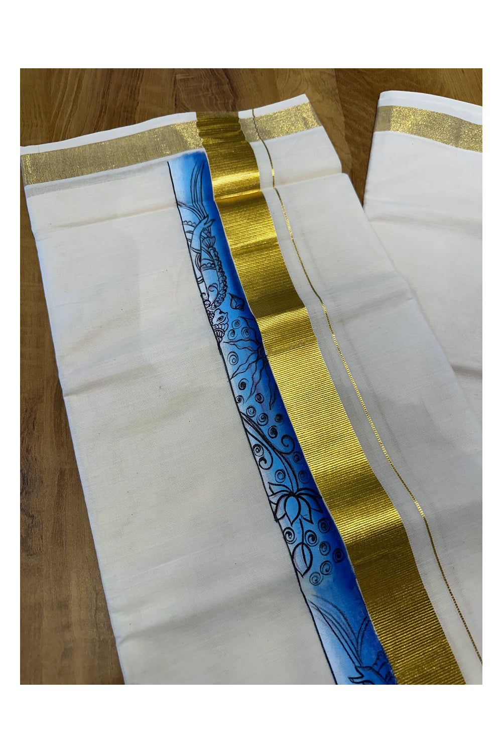 Kerala Pure Cotton Double Mundu with Mural Painted Design on Kasavu Border (South Indian Kerala Dhoti)