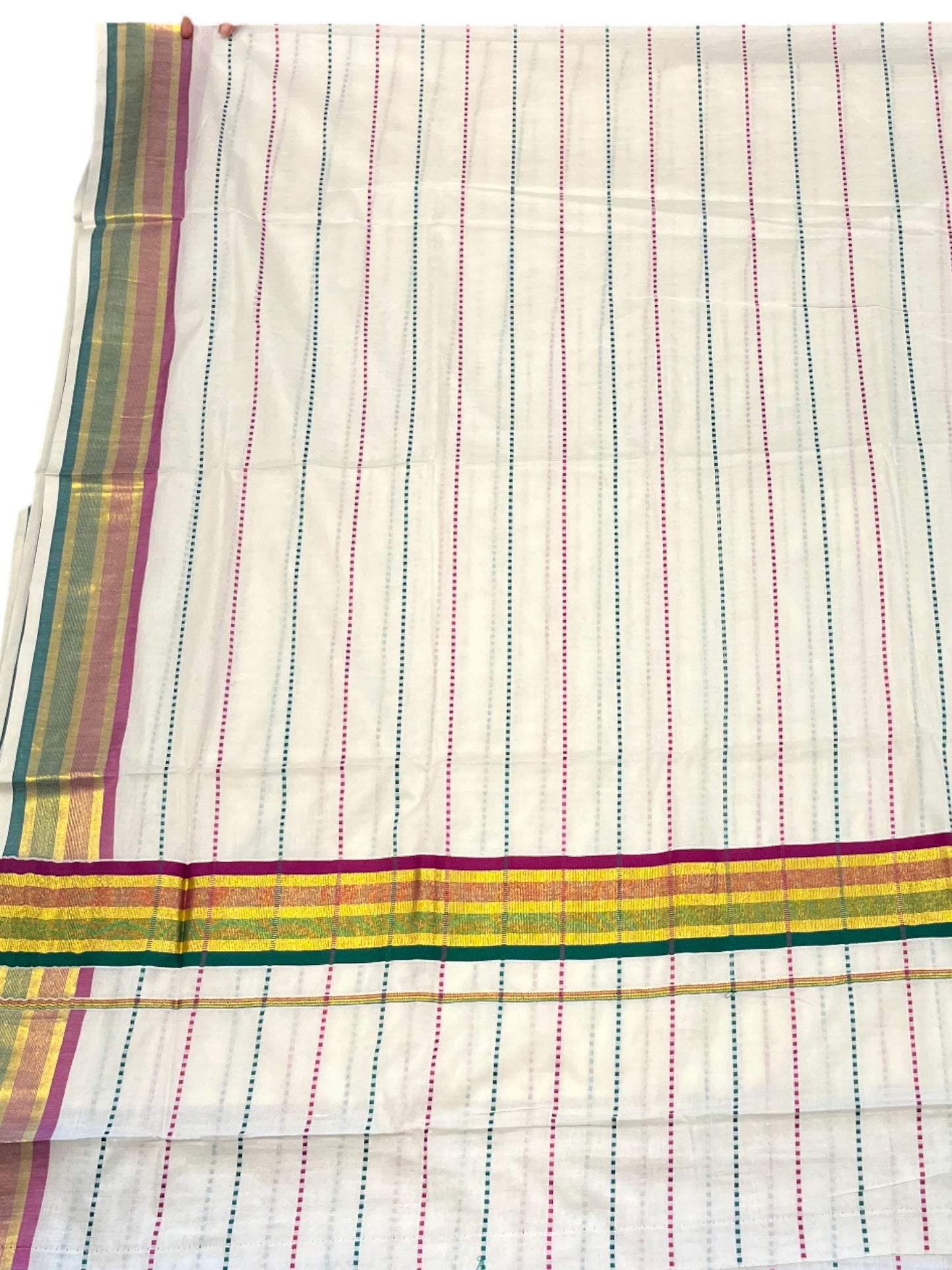 Southloom Cotton Kasavu Saree with Magenta and Green Thread Work Across Body