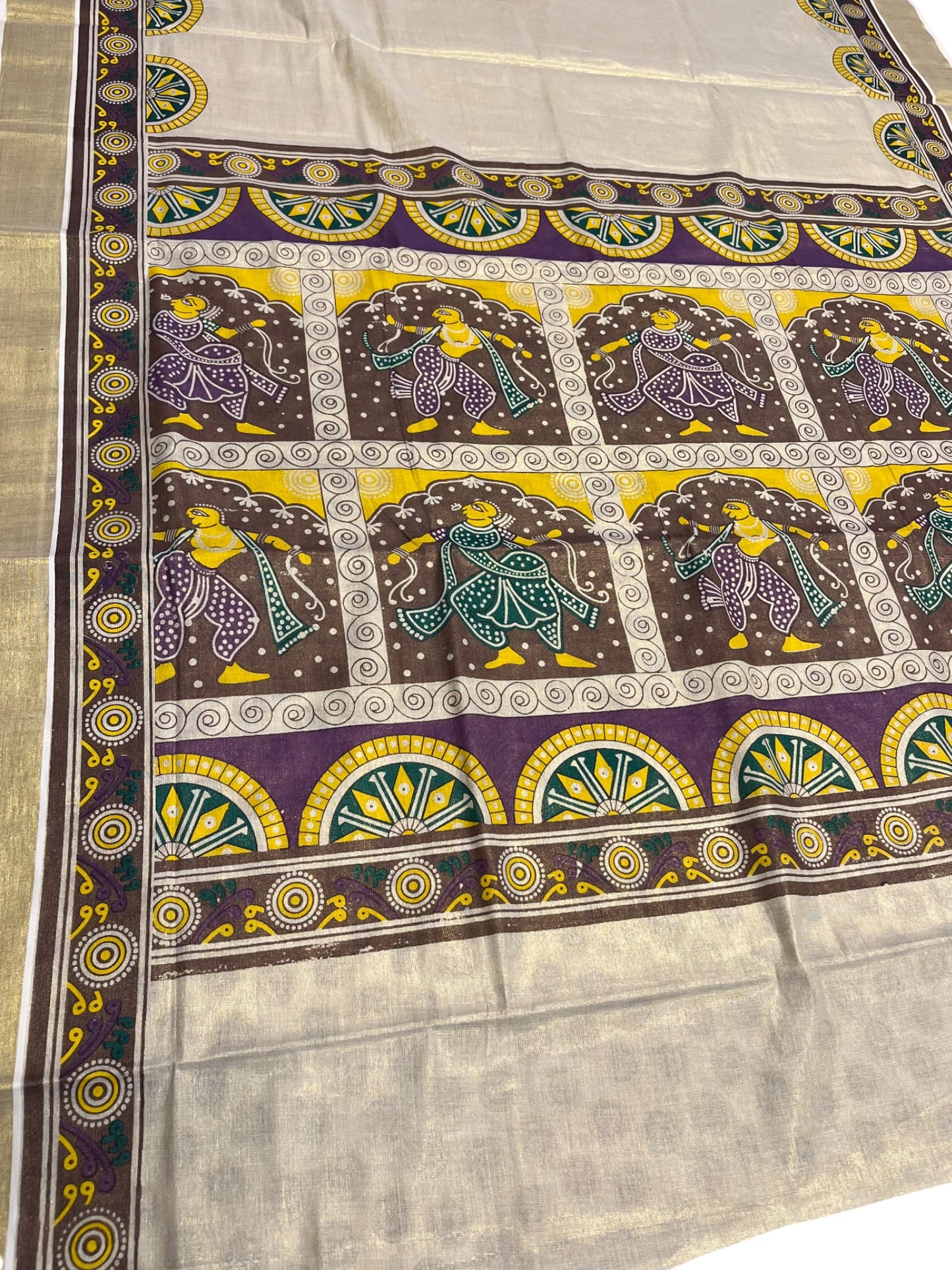 Southloom Kerala Tissue Kasavu Saree with Brown and Violet Hand Painted