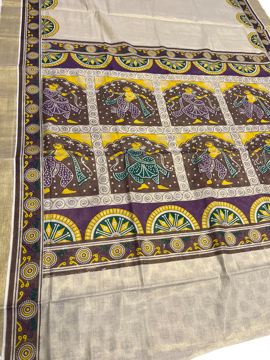 Southloom Kerala Tissue Kasavu Saree with Brown and Violet Hand Painted