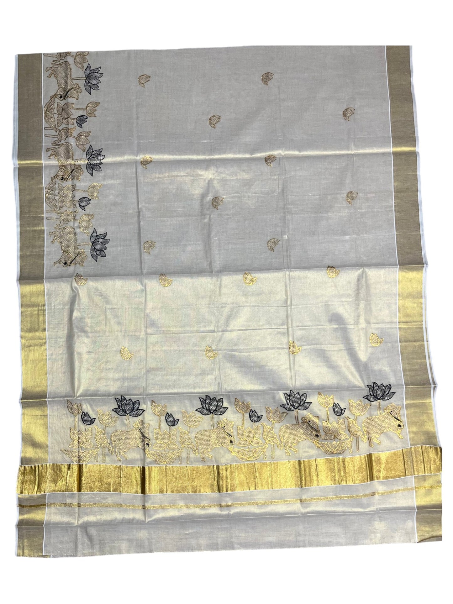 Southloom Tissue Kerala Kasavu Saree with Black & Golden Embroidery Works